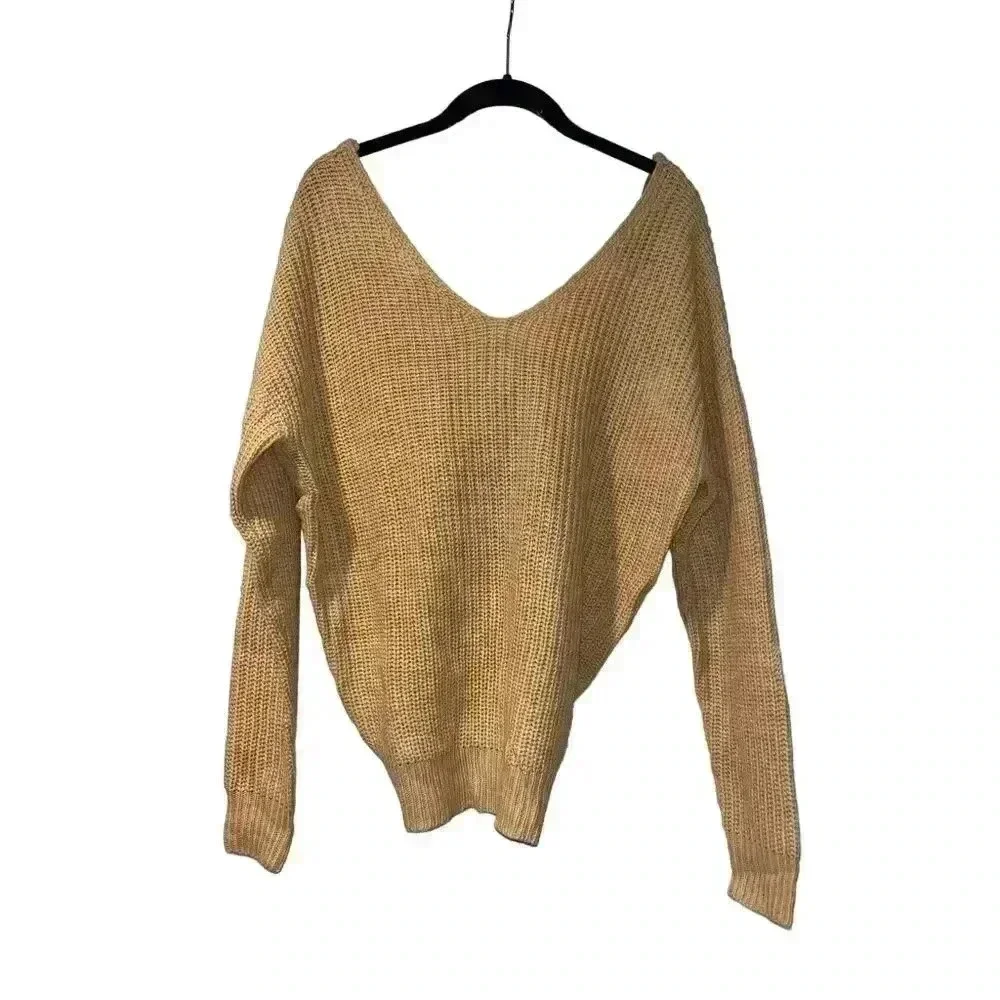 Warm & Cozy Beige V-Neck‎ Chunky Knit Oversized Sweater Twist Knot, Crop